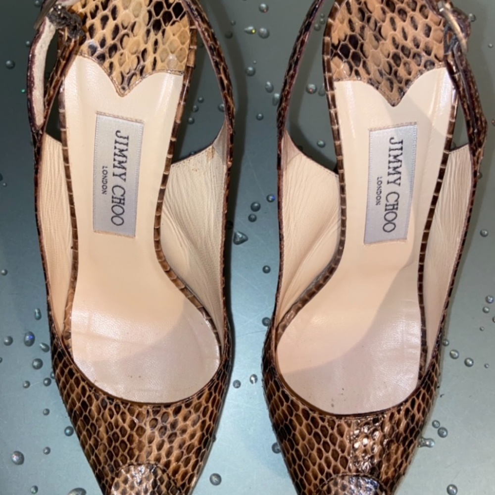 Jimmy Choo Python Snakeskin Peep Toe Heels 37.5 - image 2